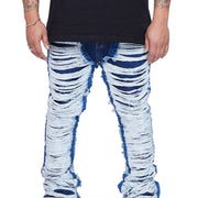 "RAVAGED" INDIGO STACKED FLARE JEAN