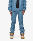 "KNIGHT" BLUE-LEATHER STACKED FLARE JEAN