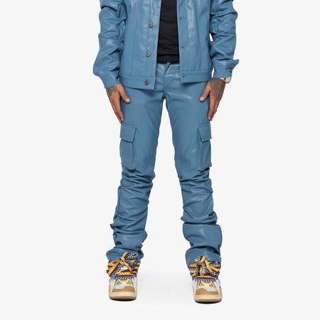 "KNIGHT" BLUE-LEATHER STACKED FLARE JEAN