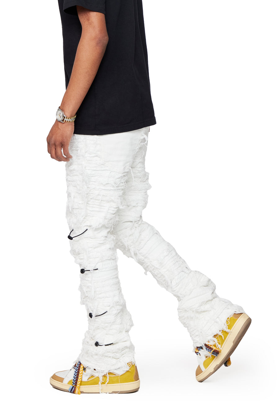 "DEFIANT" WHITE STACKED FLARE JEAN