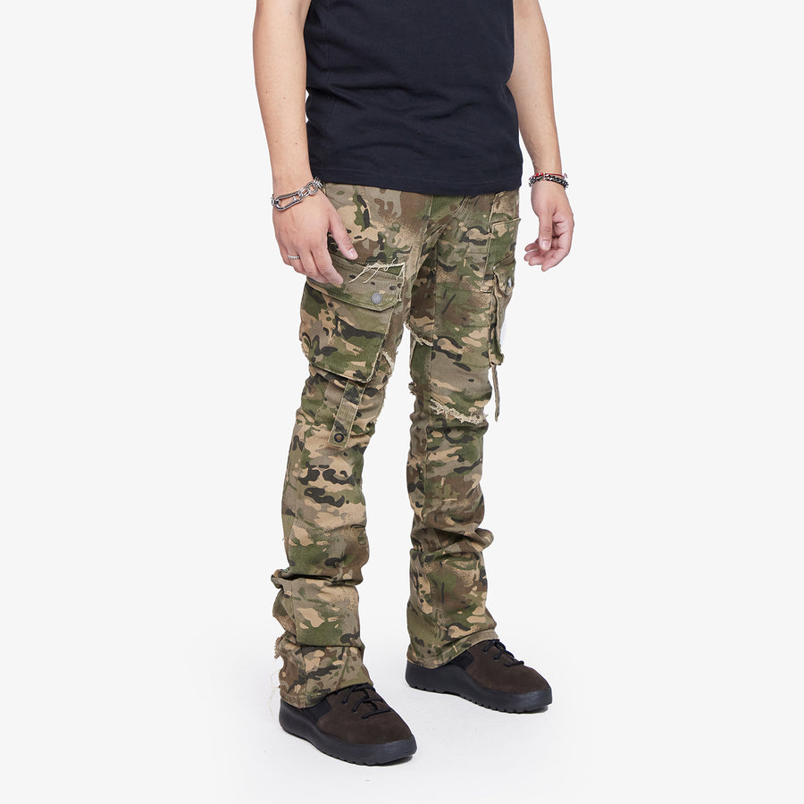 “CANTEEN" CAMO STACKED FLARE JEAN