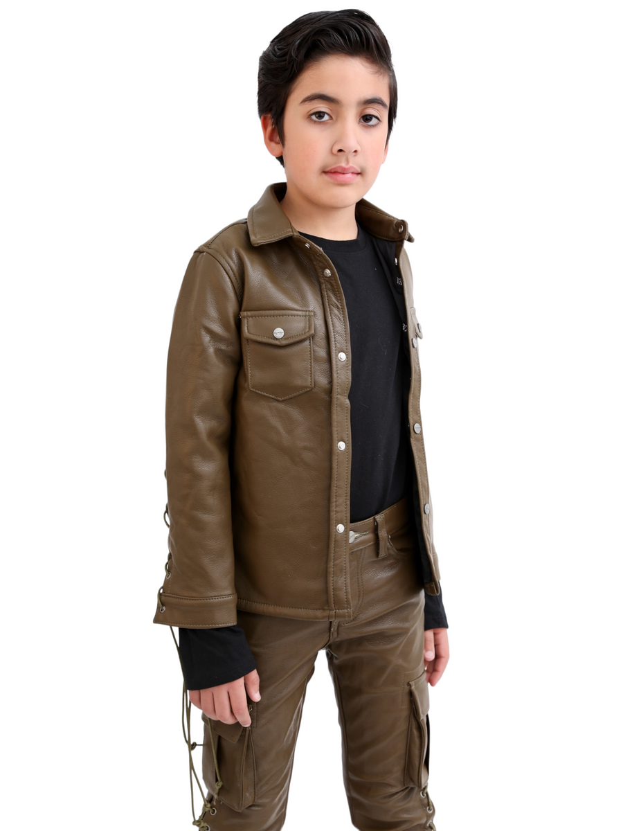 VPLAY KIDS LEATHER BUTTON DOWN "NEO" OLIVE