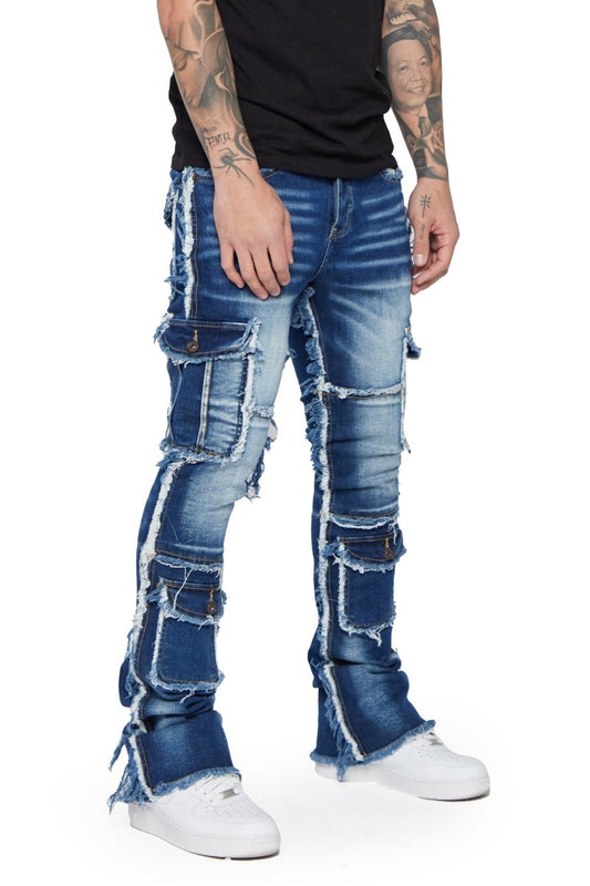 "AERERINE" STACKED FLARE JEAN DARK BLUE WASHED - Valabasas