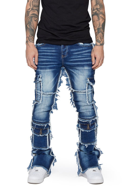 "AERERINE" STACKED FLARE JEAN DARK BLUE WASHED - Valabasas