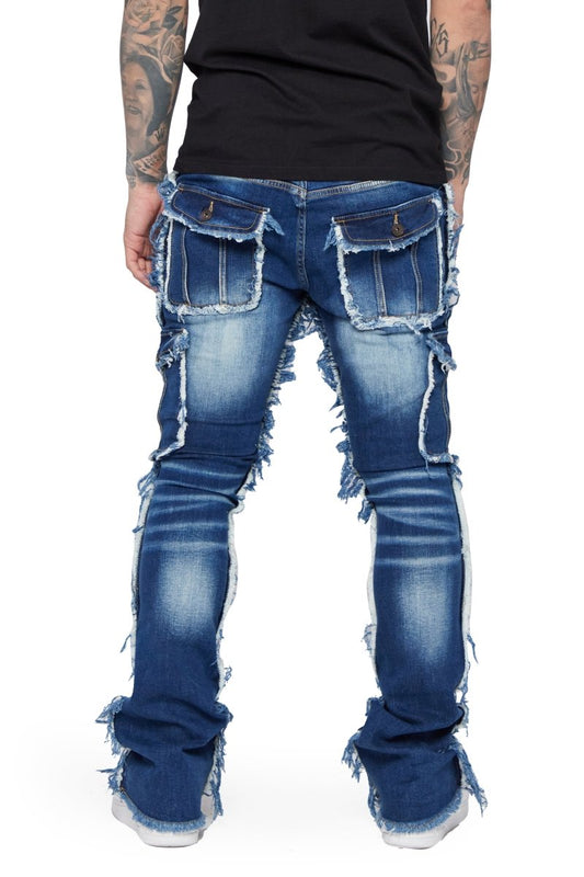"AERERINE" STACKED FLARE JEAN DARK BLUE WASHED - Valabasas