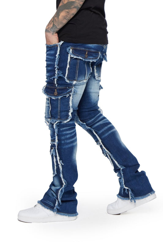 "AERERINE" STACKED FLARE JEAN DARK BLUE WASHED - Valabasas
