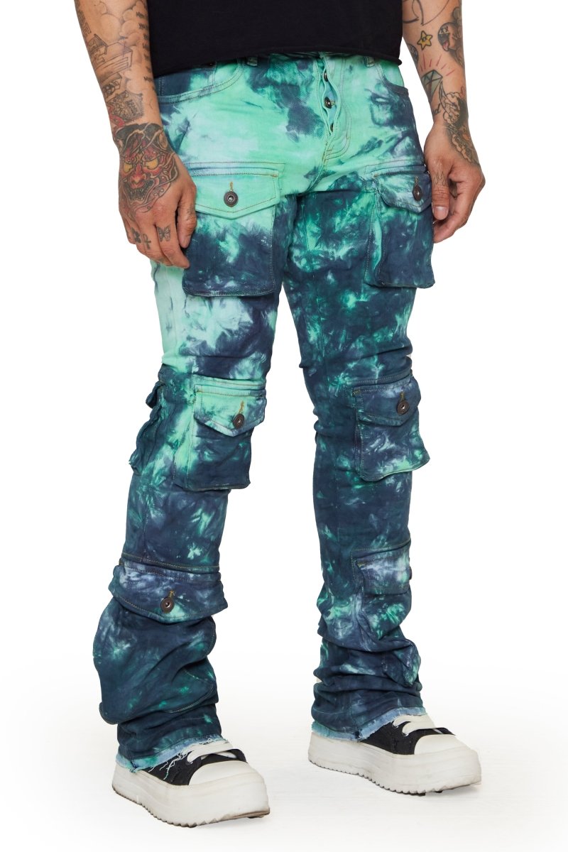 “COSMIC VAPOR” WHITE-BLACK/TEAL-NAVY STACKED FLARE JEAN