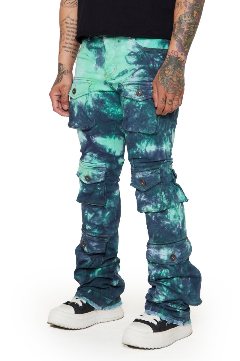 “COSMIC VAPOR” WHITE-BLACK/TEAL-NAVY STACKED FLARE JEAN