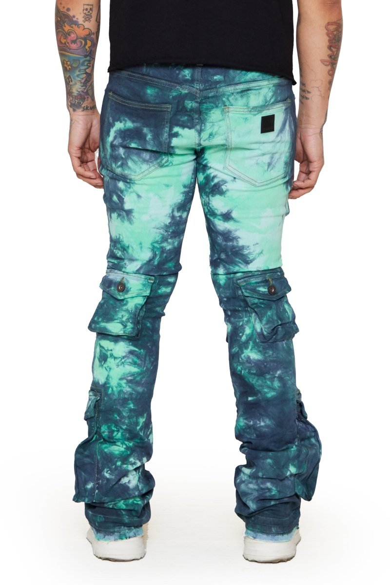 “COSMIC VAPOR” WHITE-BLACK/TEAL-NAVY STACKED FLARE JEAN