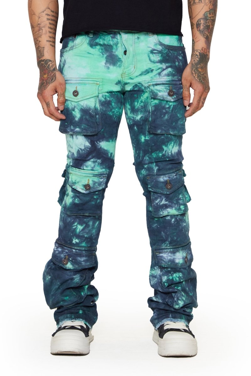 “COSMIC VAPOR” WHITE-BLACK/TEAL-NAVY STACKED FLARE JEAN