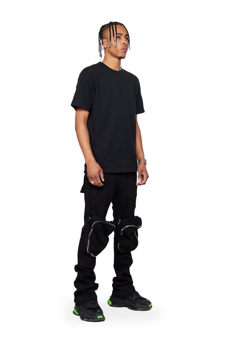 “LEOPOLD” STACKED FLARE JEAN BLACK WASHED - Valabasas