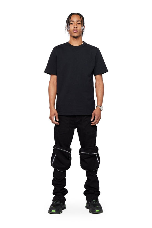 “LEOPOLD” STACKED FLARE JEAN BLACK WASHED - Valabasas