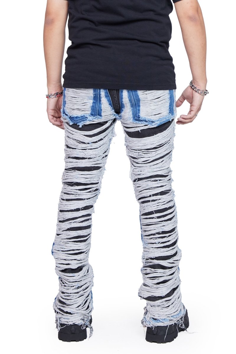 "RAVAGED" STACKED FLARE JEAN BLACK BLUE - Valabasas