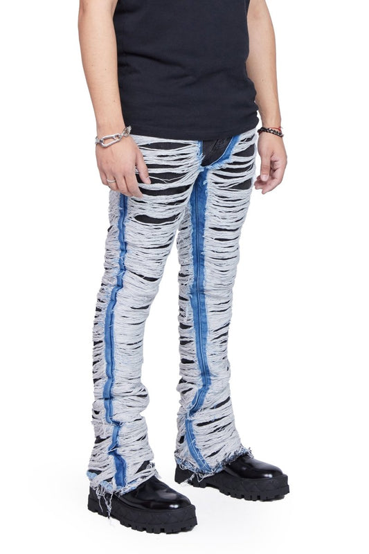 "RAVAGED" STACKED FLARE JEAN BLACK BLUE - Valabasas
