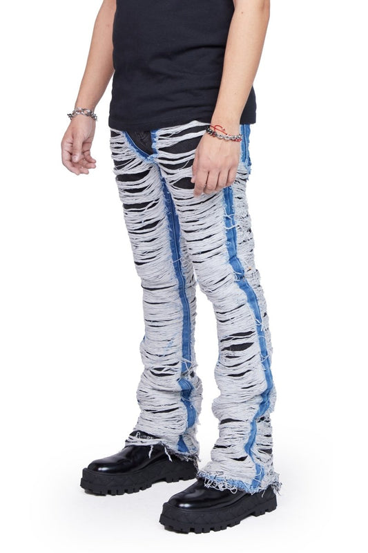 "RAVAGED" STACKED FLARE JEAN BLACK BLUE - Valabasas