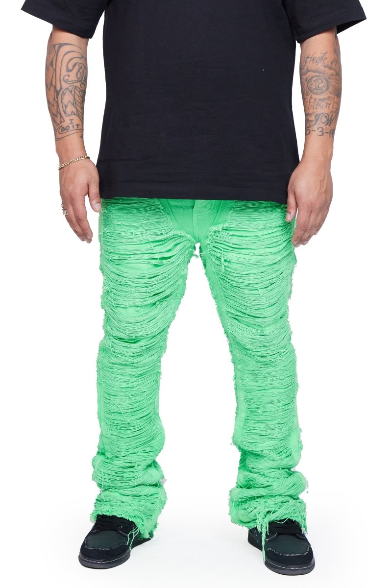 "RAVAGED" STACKED FLARE JEAN GREEN - Valabasas