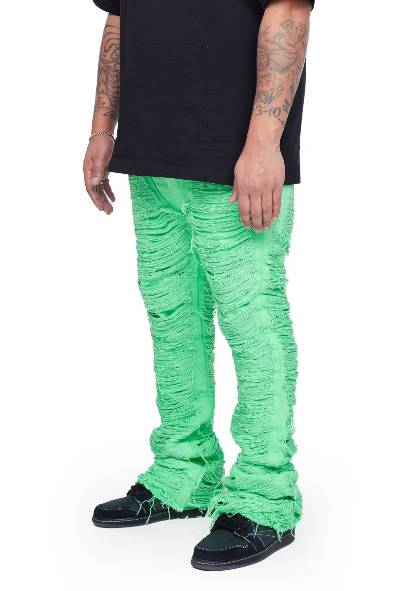 "RAVAGED" STACKED FLARE JEAN GREEN - Valabasas