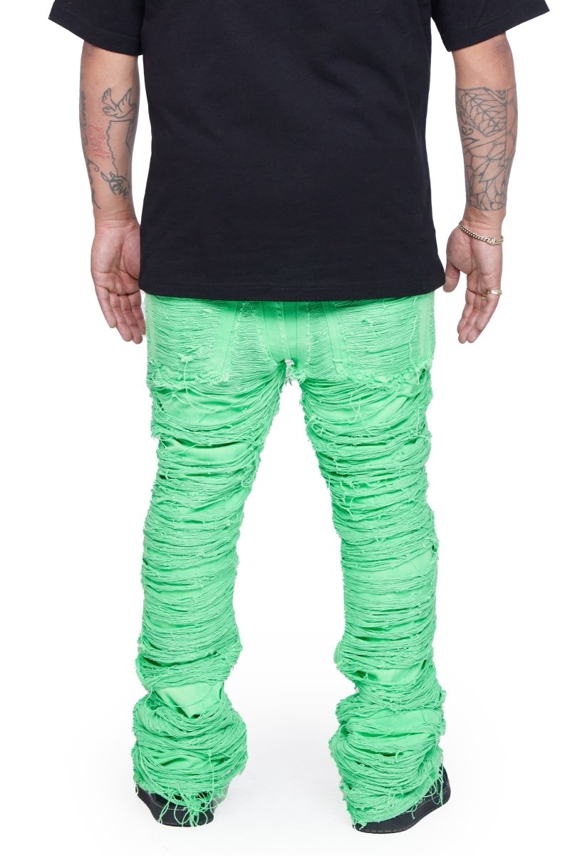 "RAVAGED" STACKED FLARE JEAN GREEN - Valabasas