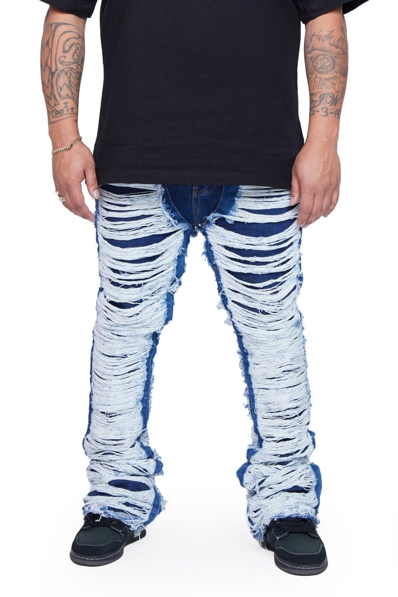 "RAVAGED" STACKED FLARE JEAN INDIGO - Valabasas
