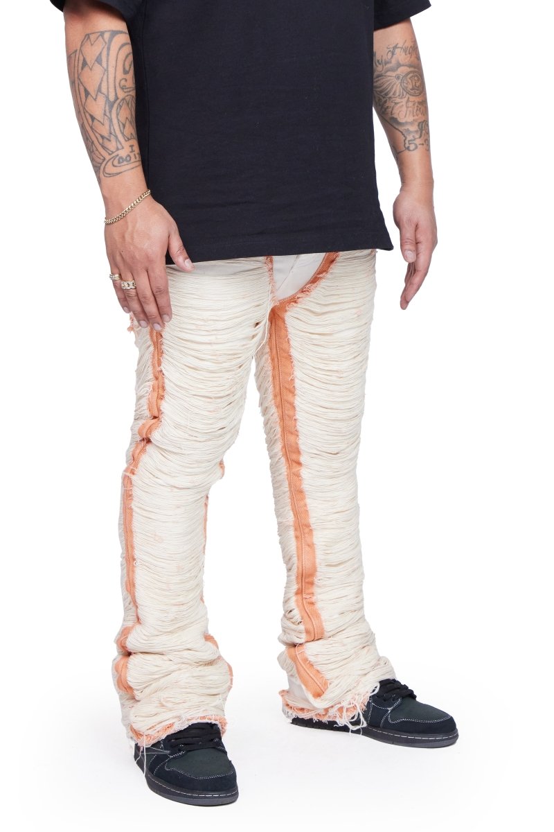 "RAVAGED" STACKED FLARE JEAN OFF - WHITE - Valabasas