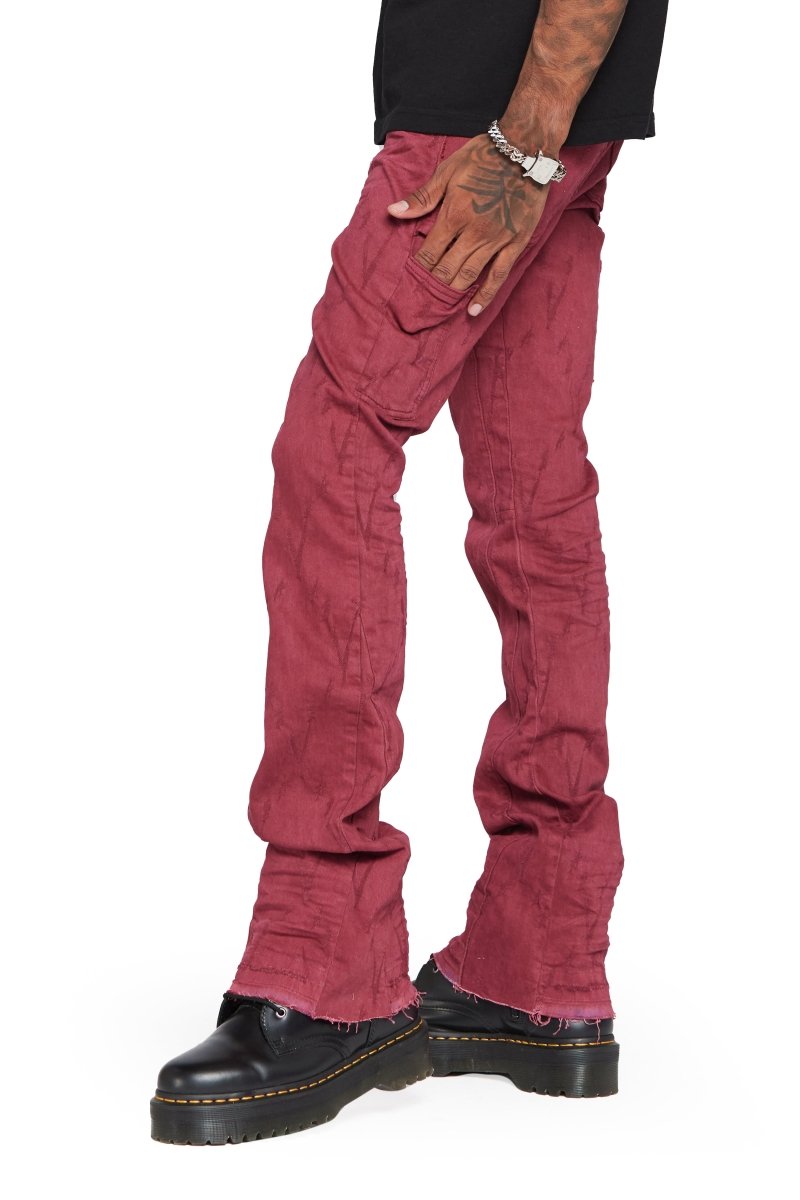 “VLOVE” STACKED FLARE JEAN BURGUNDY - Valabasas