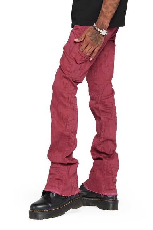 “VLOVE” STACKED FLARE JEAN BURGUNDY - Valabasas