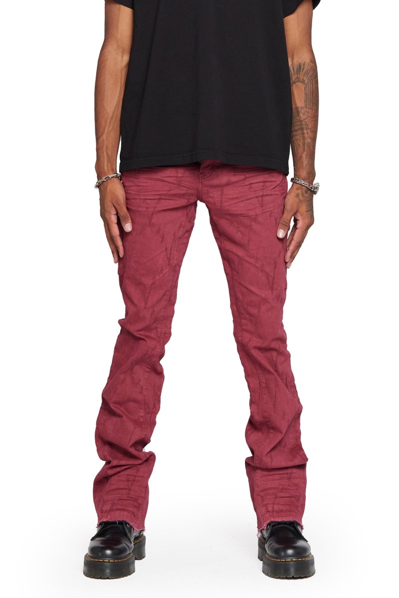 “VLOVE” STACKED FLARE JEAN BURGUNDY - Valabasas