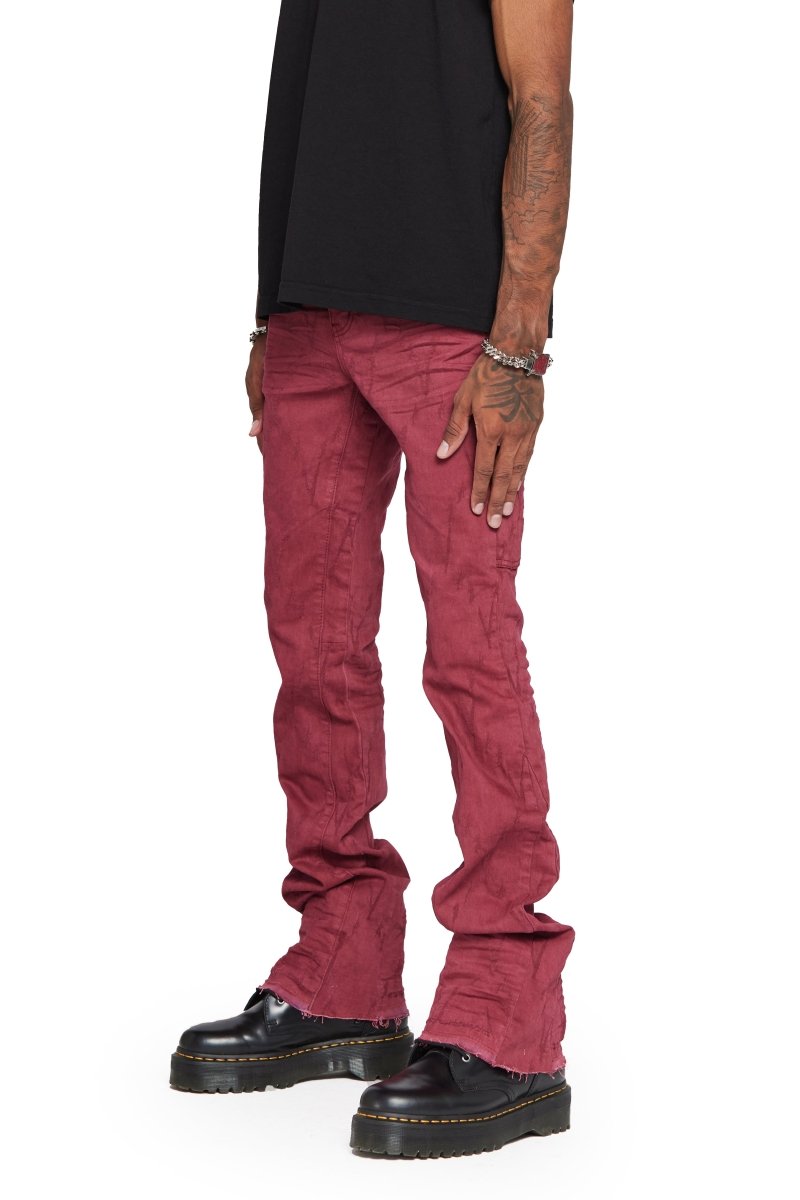 “VLOVE” STACKED FLARE JEAN BURGUNDY - Valabasas